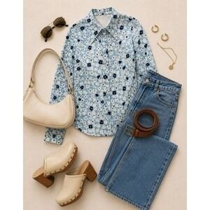 Vintage 70's Kolortron Koret of California Blue Floral Button Down Shirt Size 12